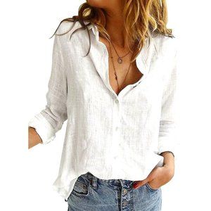 Womens Work Blouses Casual V Neck Blouse Tops 3/4 Sleeve Button Down Shirt White